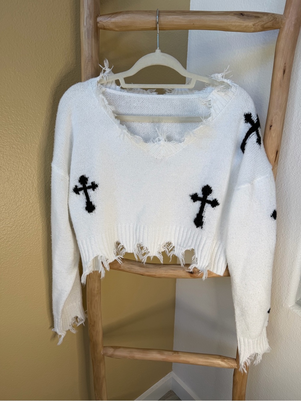 Distressed White Cross Detail Cropped Sweater